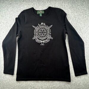 Lauren Ralph Lauren LRL Long Sleeve Tee Size PM Black Embroidered Beaded Cotton